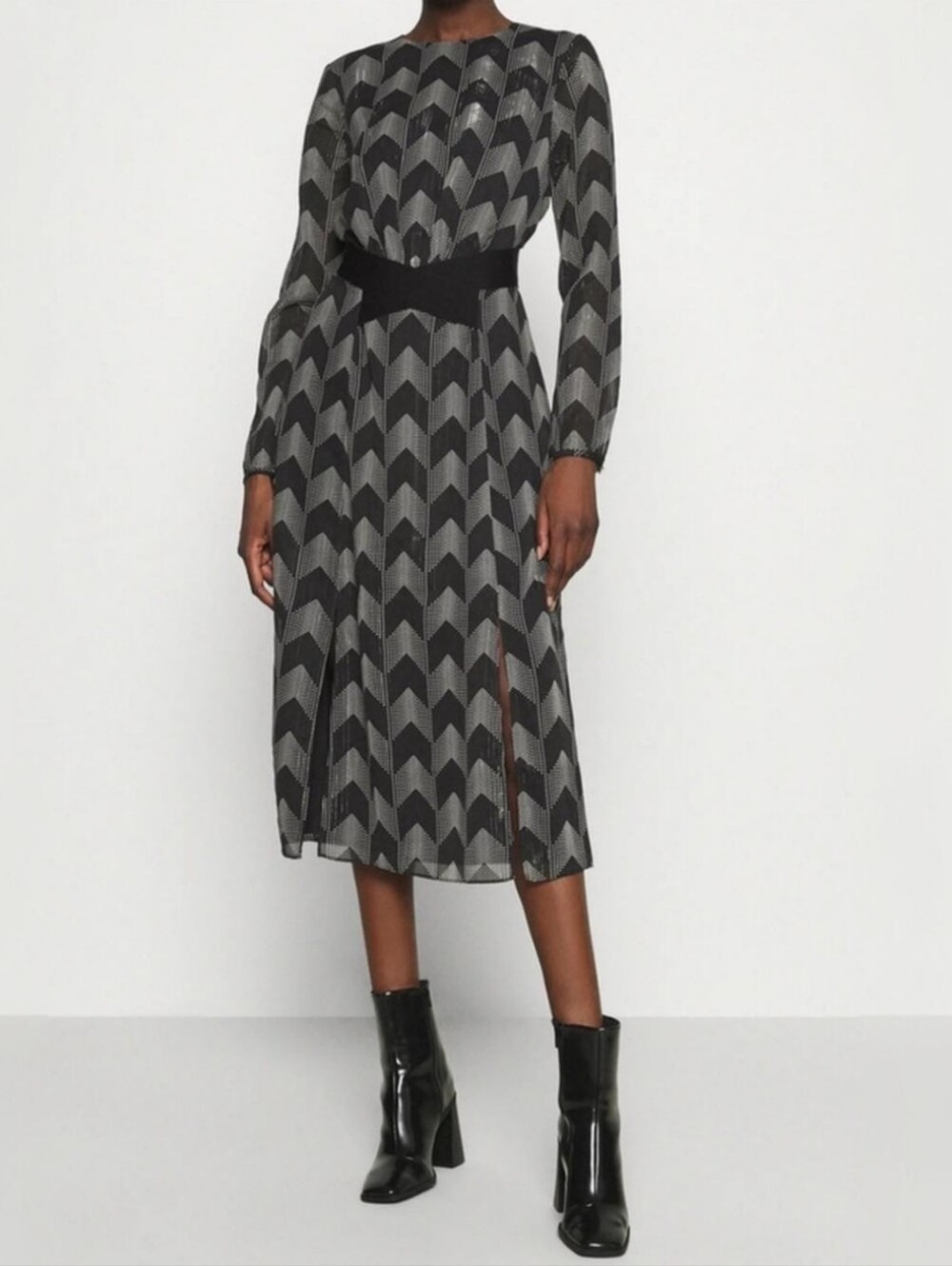 Ted Baker Aselli Atlas Double Split Midi Dress Long Sleeve Graphic Lightweight